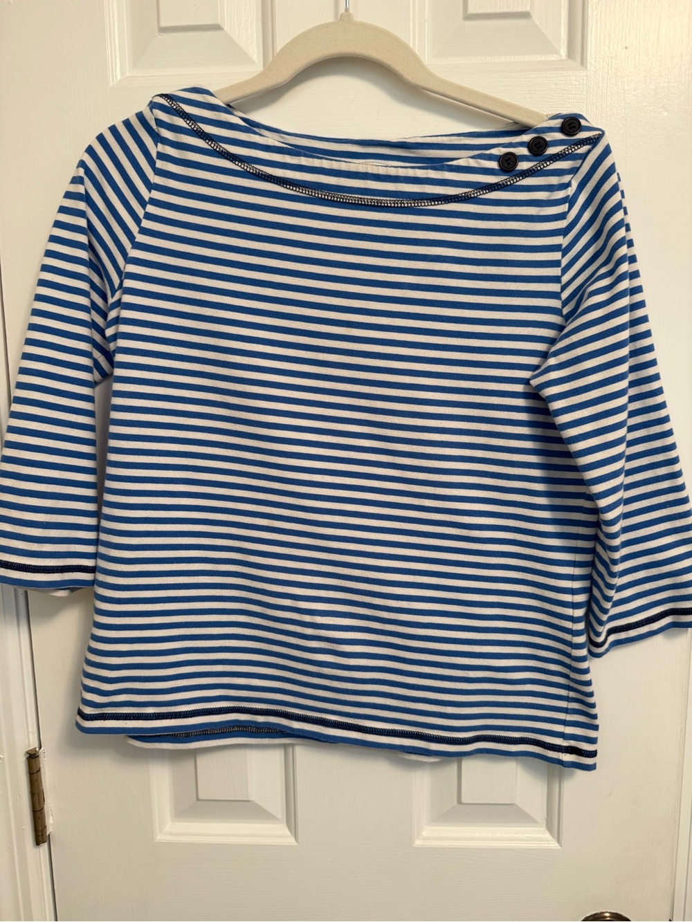 Kim Rogers Blue and White Striped Boatneck Top with Shoulder Buttons